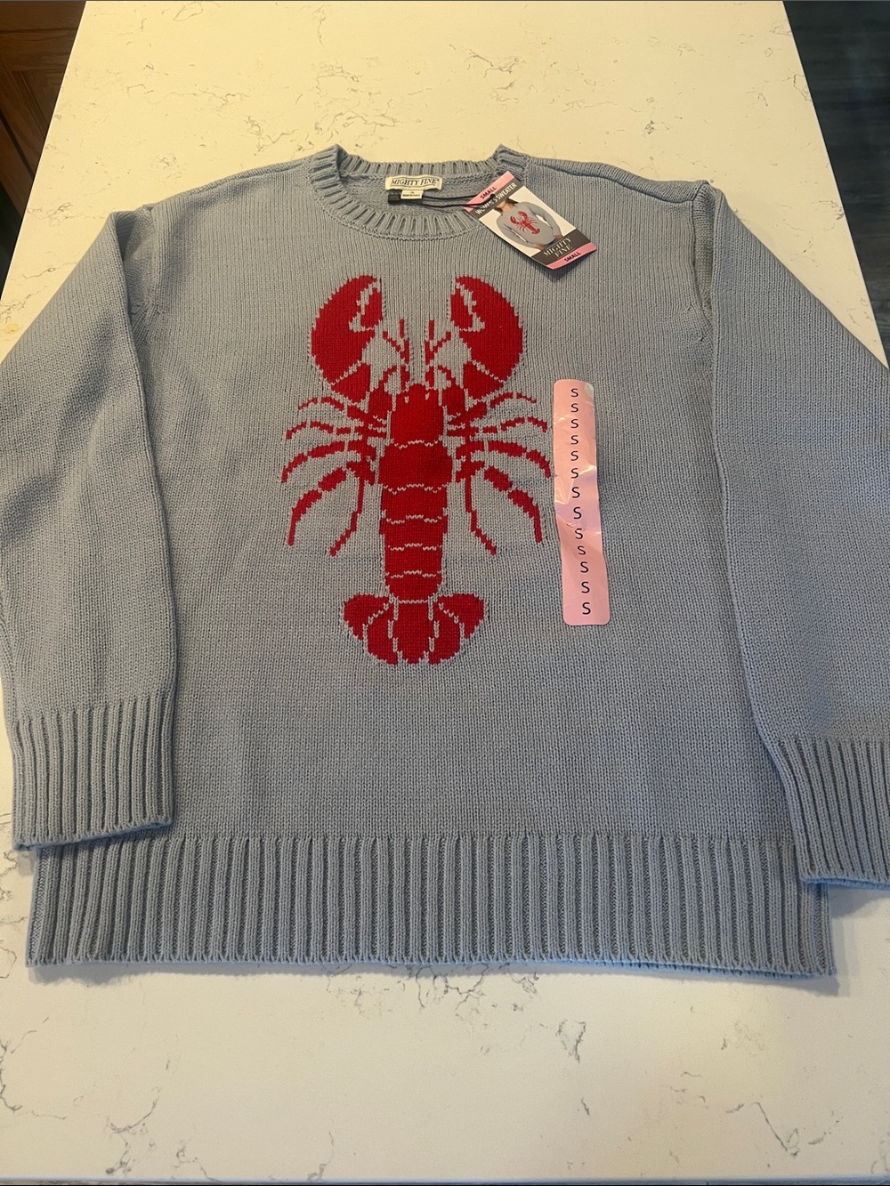 Mighty Fine Light Blue Sweater with Red Lobster Graphic